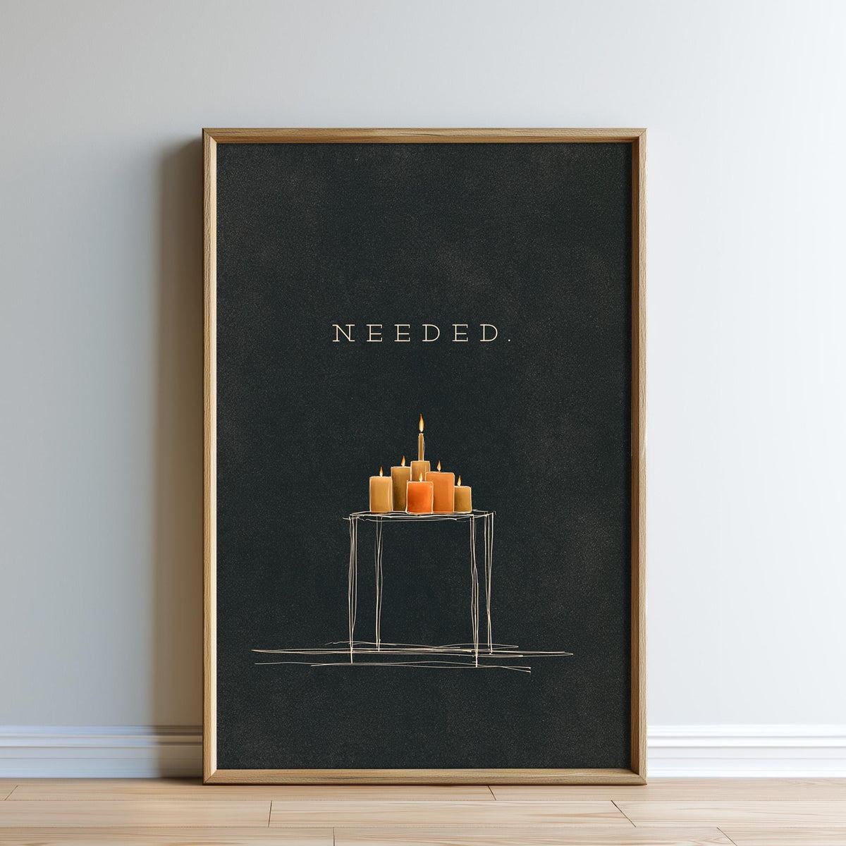 The image is a framed poster with a black background and a white candle on a table.