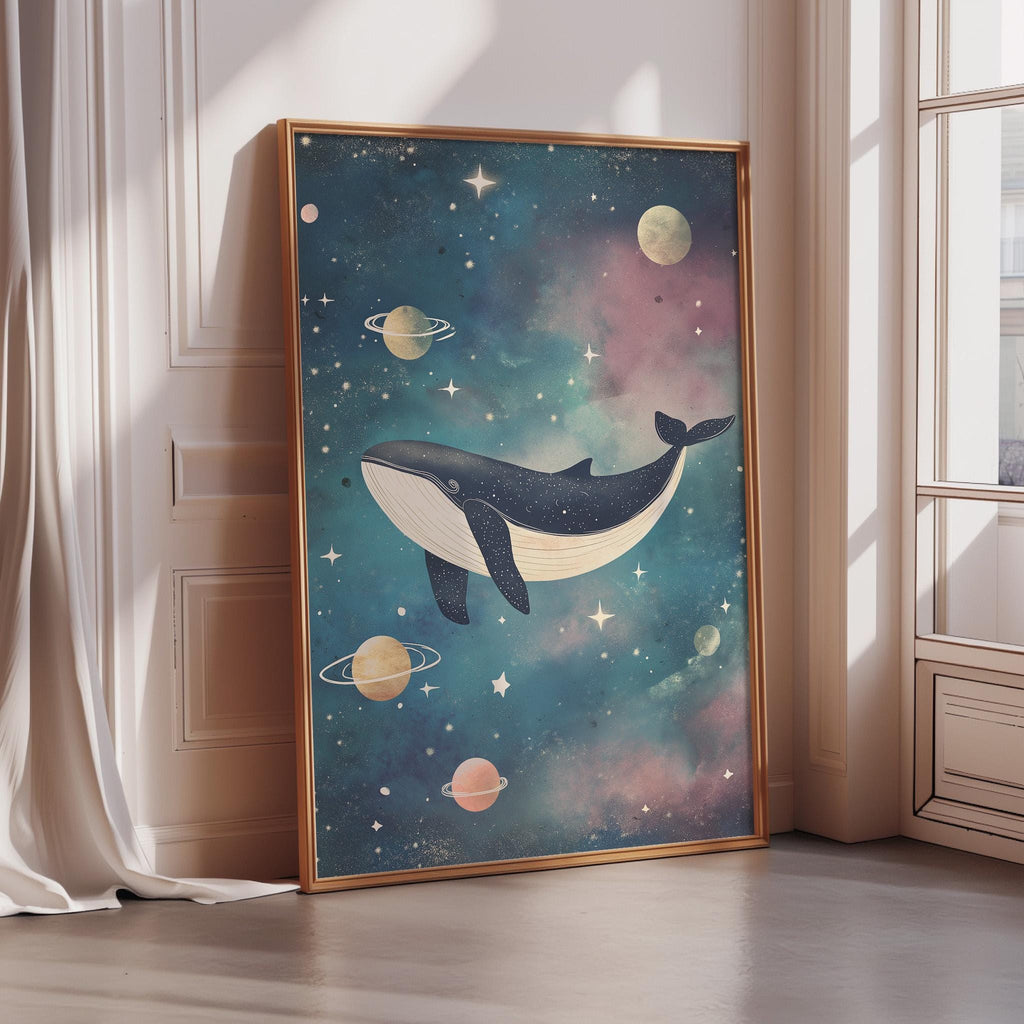 a framed artwork depicting a whale floating in a starry, cosmic scene with planets and stars.