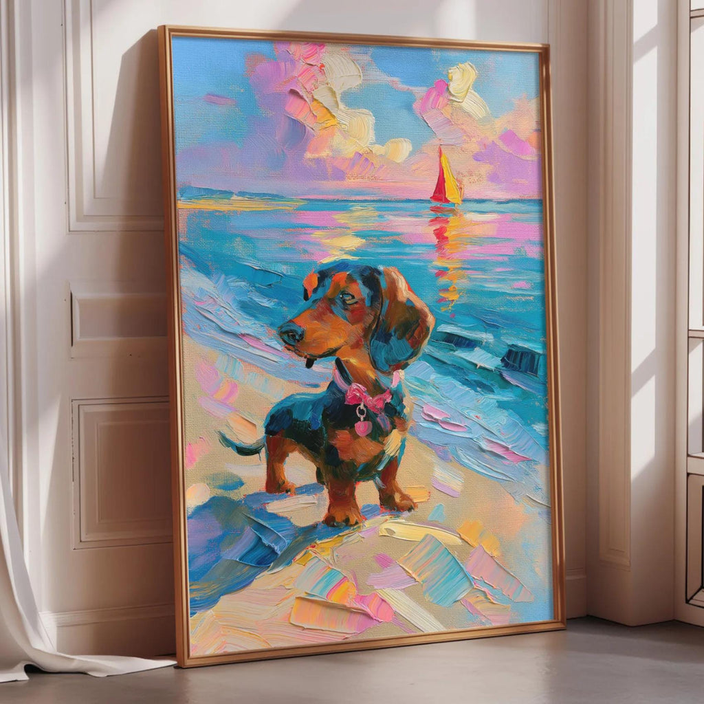 A large, colorful painting of a dog standing on a beach, with a sailboat in the background, is displayed on a wall.