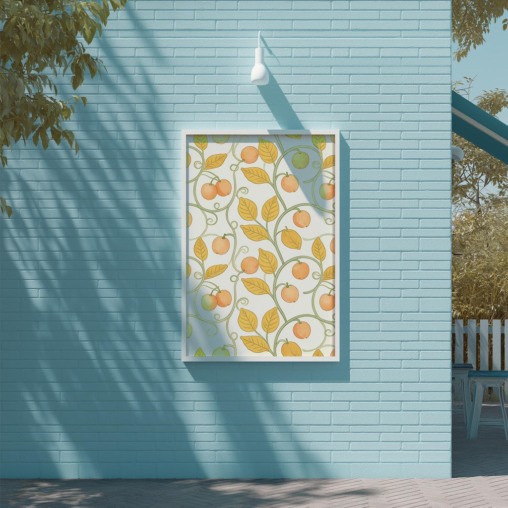 a blue brick wall with a framed picture of orange leaves and peaches hanging on it.