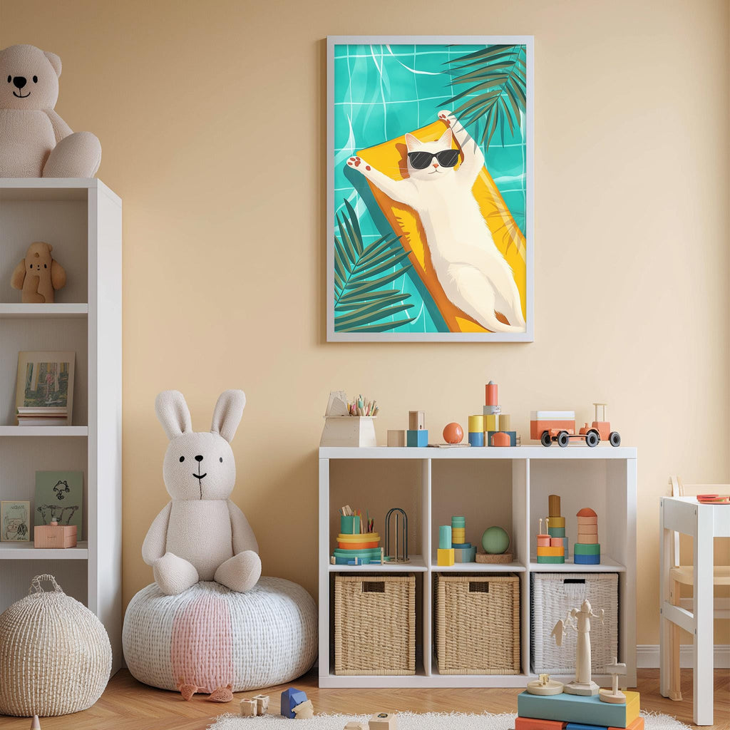 A child's bedroom with a white bookshelf, a stuffed rabbit, a toy train, and a framed picture of a cat lounging on a beach.