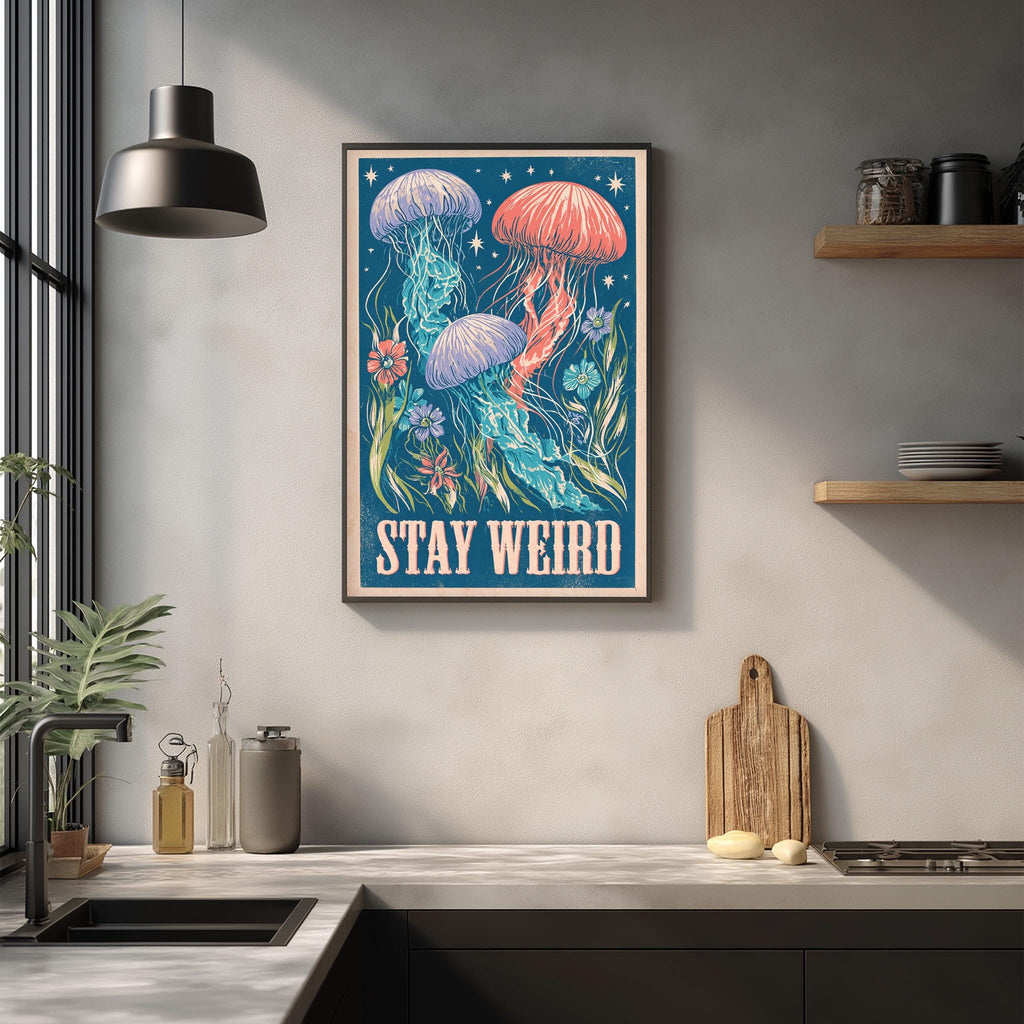 a framed poster with a whimsical illustration of jellyfish and the text "STAY WEIRD" hanging on a wall above a kitchen counter.