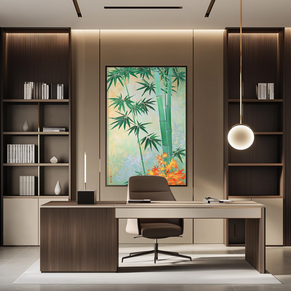 a modern and minimalist office space with a large bamboo painting on the wall, a wooden desk with a chair, and built-in bookshelves.