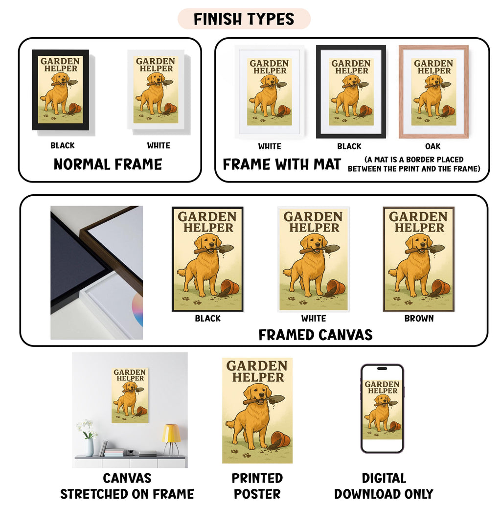various types of artwork related to the "Garden Helper" theme, including framed prints, canvas prints, and digital versions. The artwork is presented in different frames and mat colors, showcasing the versatility of the "Garden Helper" theme.