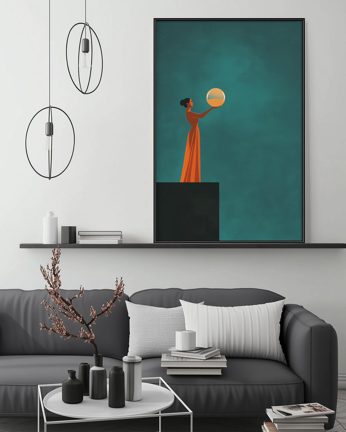 a modern living room with a gray sofa, a coffee table, and a large framed artwork depicting a woman holding a globe. The artwork is hanging on the wall above the sofa, creating a focal point in the room.