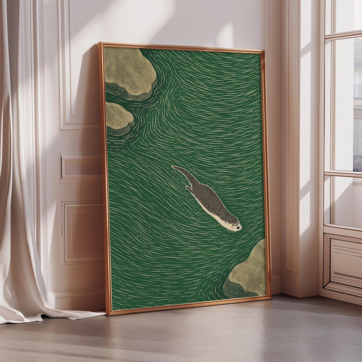 a large, framed artwork depicting a sea otter swimming in a green, wavy sea.