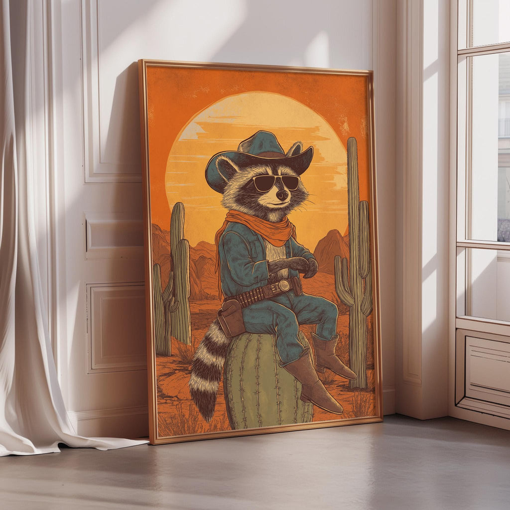 A raccoon wearing a cowboy hat and sunglasses is sitting on a cactus in a desert landscape, with a cactus and mountains in the background.
