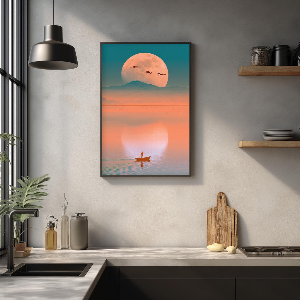 a serene scene of a person in a boat on a calm body of water, with a large, glowing moon in the background. The moon appears to be reflecting on the water, creating a beautiful and peaceful atmosphere. The image is framed and hung on a wall, adding a touch of nature and tranquility to the room.