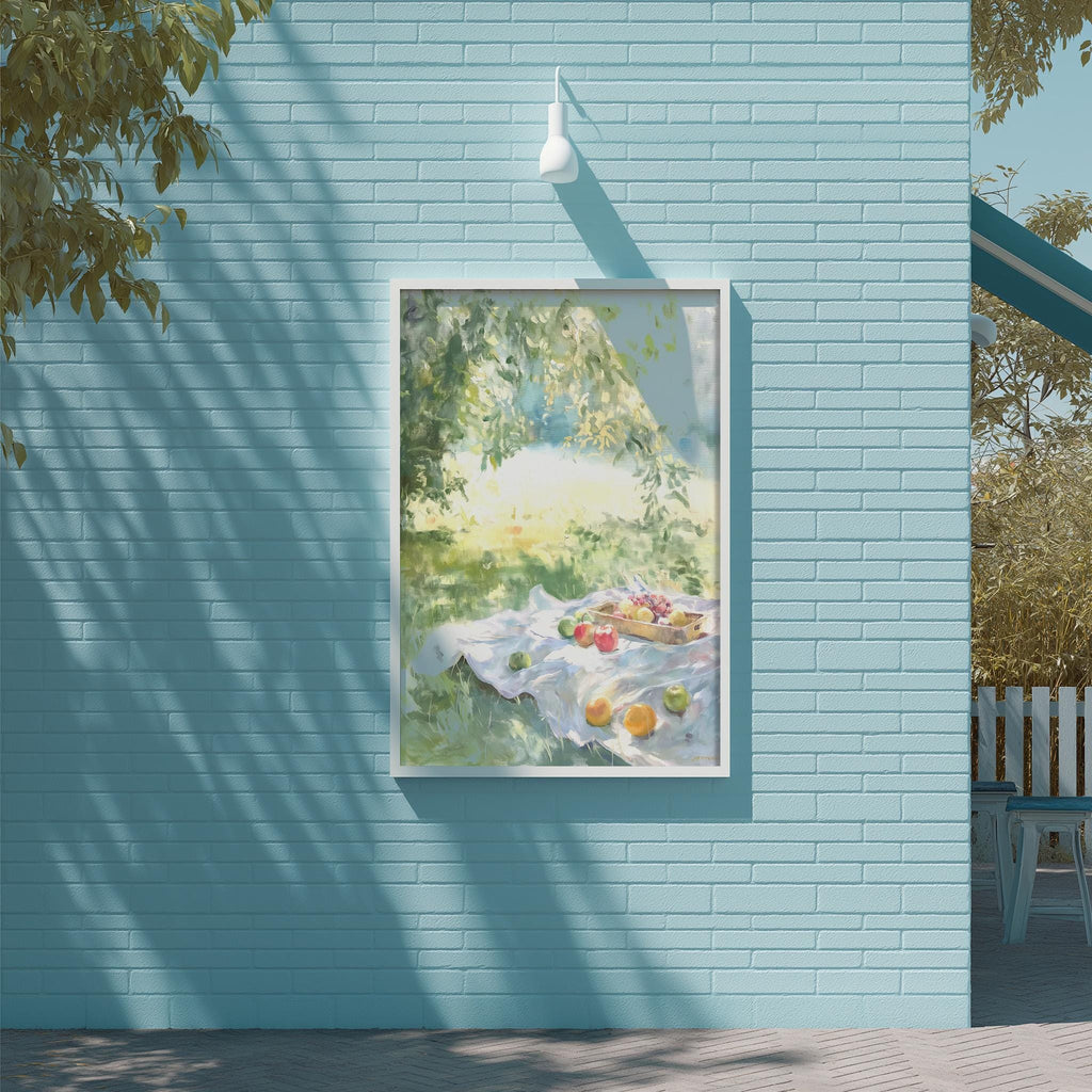 a blue brick wall with a framed painting of a picnic scene hanging on it.