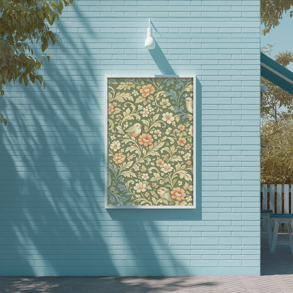 a blue brick wall with a framed floral print hanging on it. The print has a vibrant, colorful design with flowers and leaves. The wall is situated next to a tree, and there is a white light fixture mounted on the wall above the print.