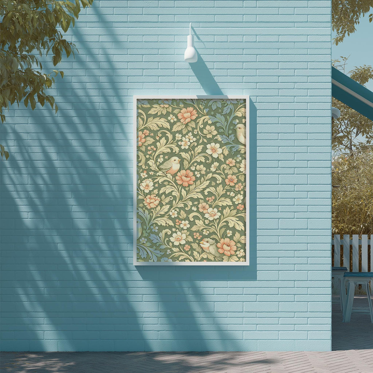 a blue brick wall with a framed floral print hanging on it. The print has a vibrant, colorful design with flowers and leaves. The wall is situated next to a tree, and there is a white light fixture mounted on the wall above the print.