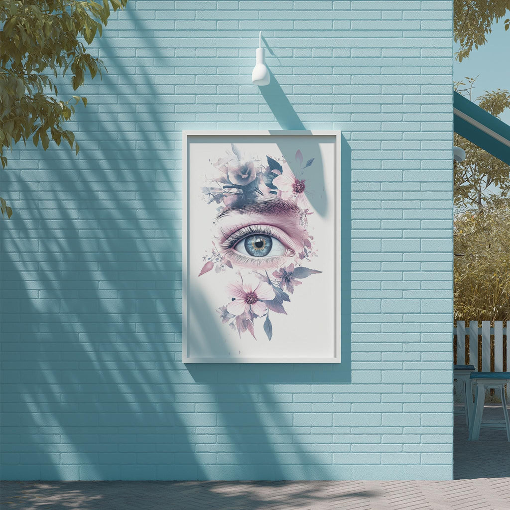 a framed painting of a large eye surrounded by flowers on a blue brick wall.