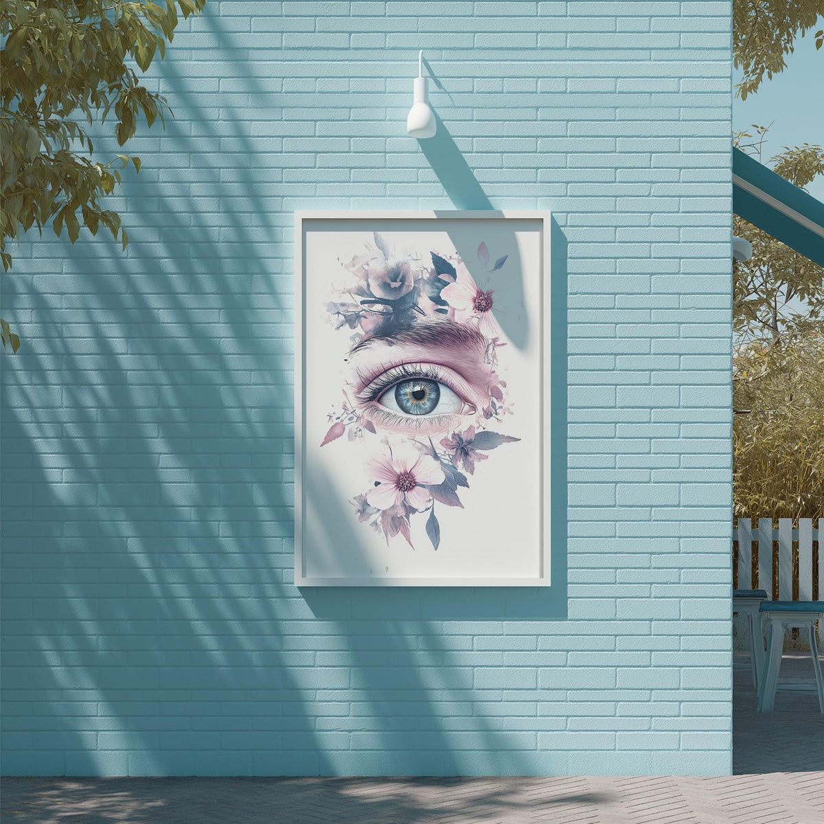 a framed painting of a large eye surrounded by flowers on a blue brick wall.