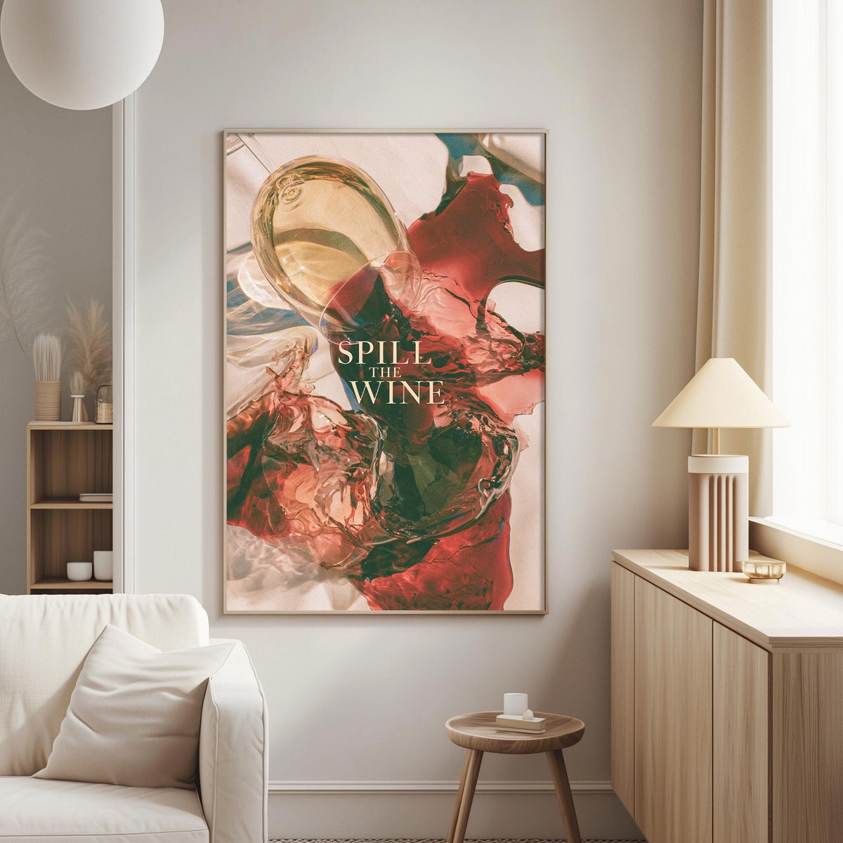 a large abstract painting hanging on a wall in a living room.