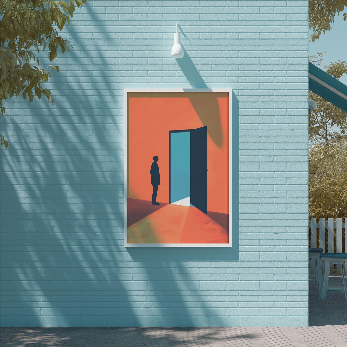 a blue brick wall with a framed illustration of a person standing in front of an open door, creating a sense of anticipation or curiosity.