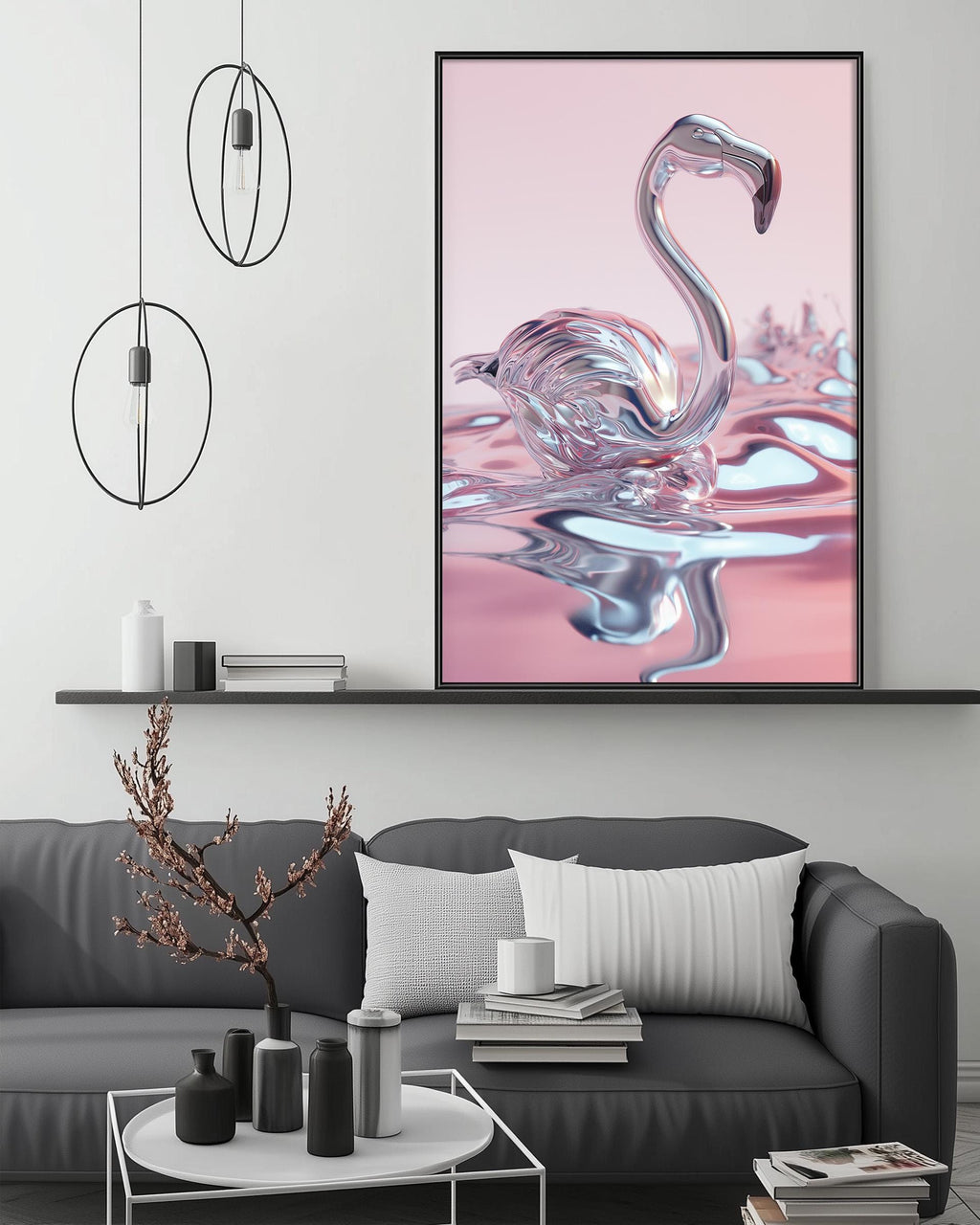 a modern living room with a gray sofa, a coffee table, and a large framed artwork of a pink flamingo on the wall.