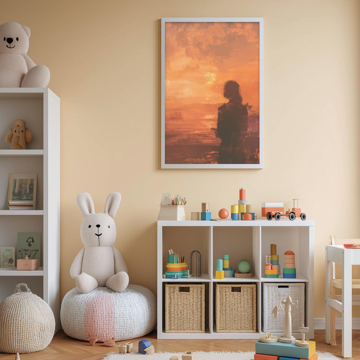 A cozy children's room with a white rabbit sitting on a bean bag chair, surrounded by shelves filled with toys and books, and a framed picture of a sunset on the wall.