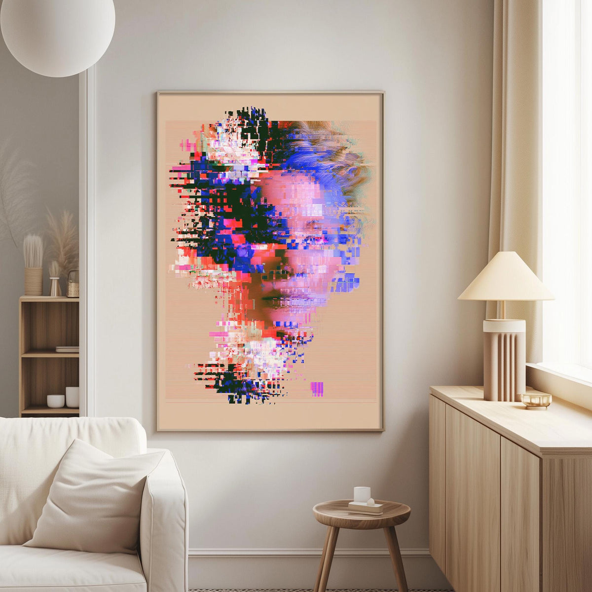 a modern living room with a large abstract painting hanging on the wall. The painting has a vibrant mix of colors and shapes, creating a visually striking and dynamic composition. The room is furnished with a white sofa, a wooden side table, and a lamp, contributing to a minimalist and contemporary aesthetic.