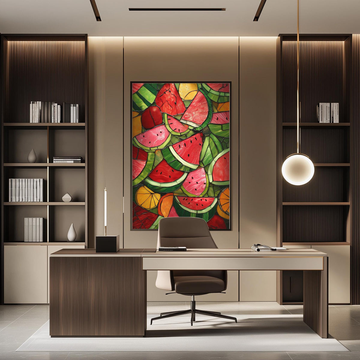 a modern office space with a large, colorful painting of watermelon hanging on the wall above a desk with a chair.