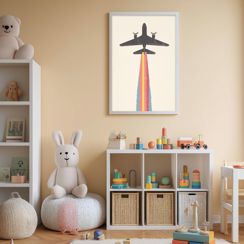 A child's playroom with a white rabbit sitting on a bean bag chair, surrounded by various toys and storage bins. A framed picture of an airplane is displayed on the wall above the storage bins.