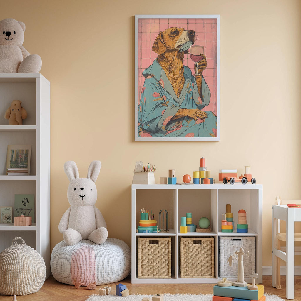 A child's bedroom with a stuffed rabbit, a bookshelf, and a framed illustration of a dog wearing a robe and holding a wine glass.