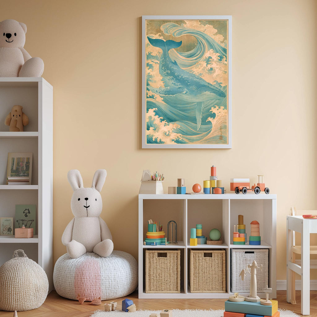 A child's bedroom with a large whale painting on the wall, a stuffed rabbit, a toy train, and a toy castle. The room also has a bookshelf, storage bins, and a play area with various toys.
