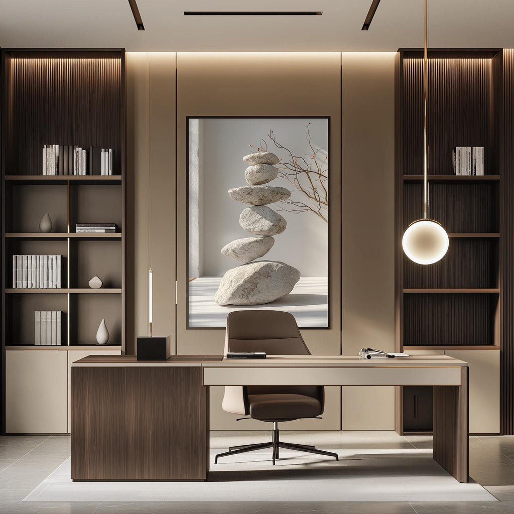a modern and minimalist office space with a large wooden desk, a comfortable-looking chair, and a striking abstract painting of rocks on the wall.