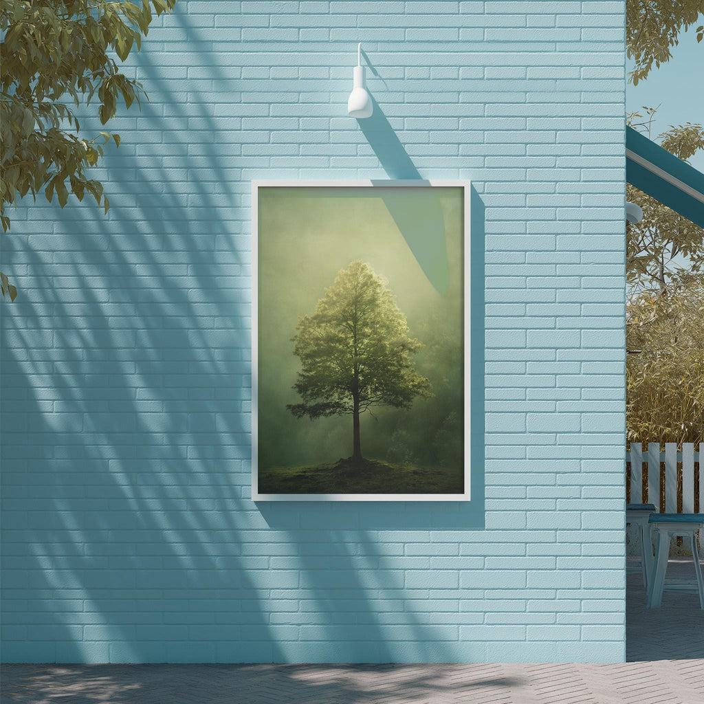 a large, lush green tree in the center, with a white frame surrounding it, mounted on a blue brick wall.