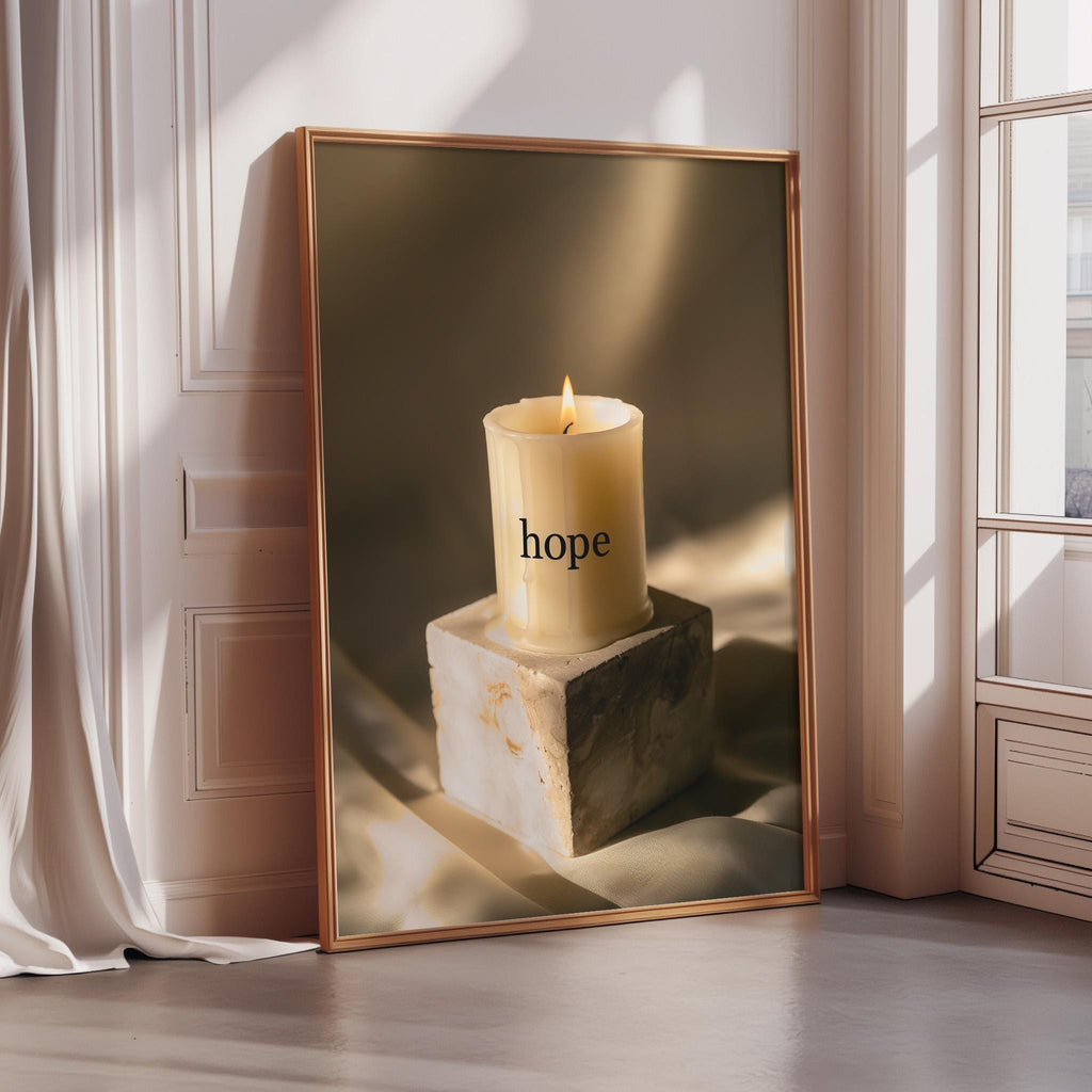 A framed image of a lit candle with the word "hope" written on it, placed on a marble block.