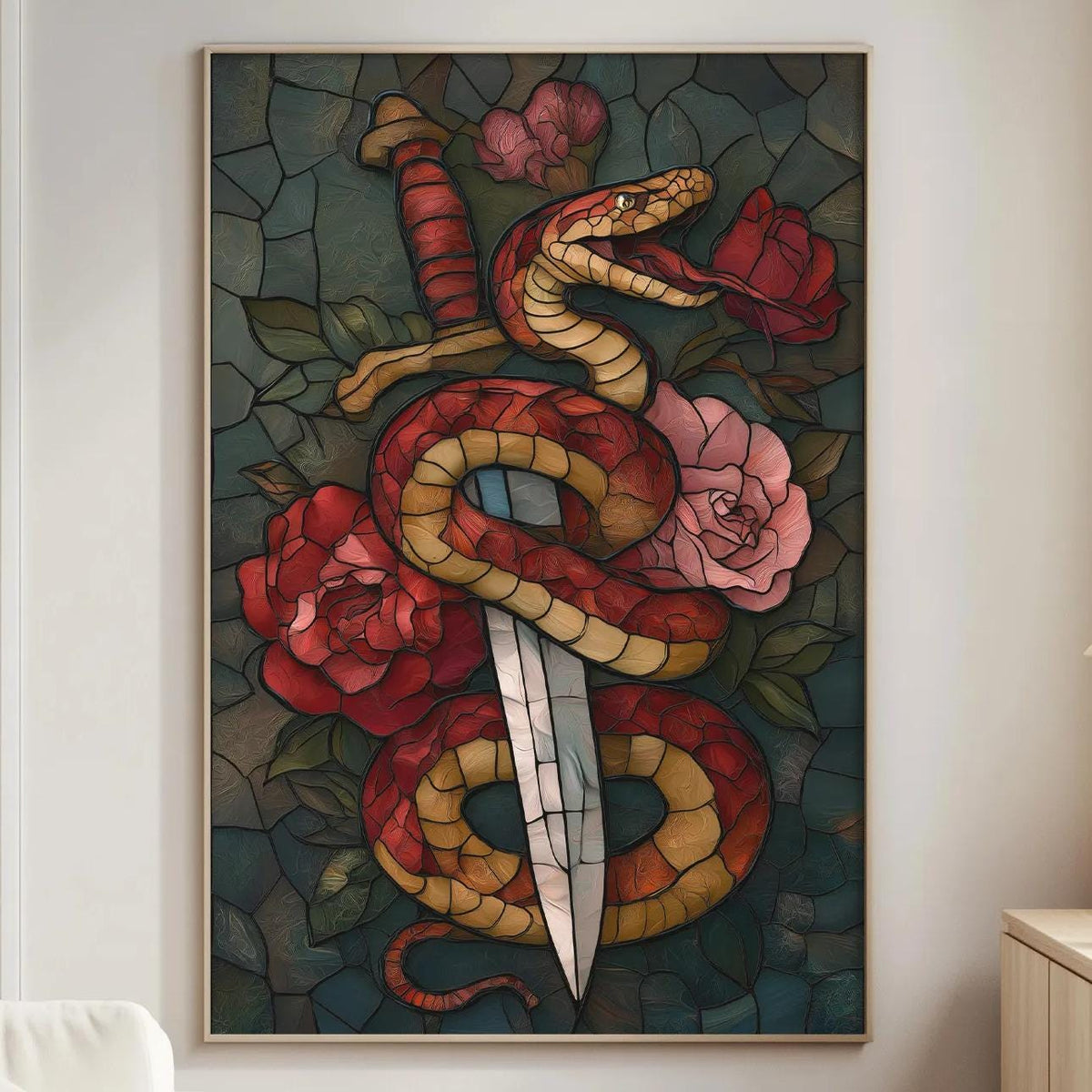 a large, colorful painting of a snake with a sword and flowers on a wall in a living room.