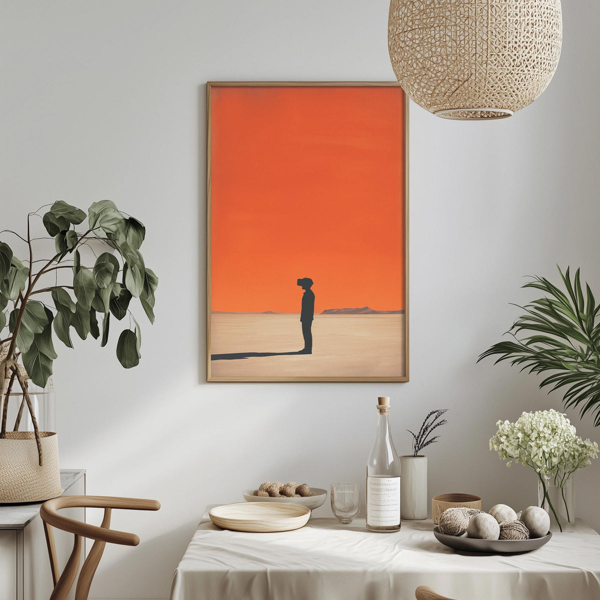 a dining table with a white tablecloth, a bowl of fruit, a bottle, and a vase with flowers. Above the table, there is a framed painting of a person standing in a desert landscape with an orange sky.