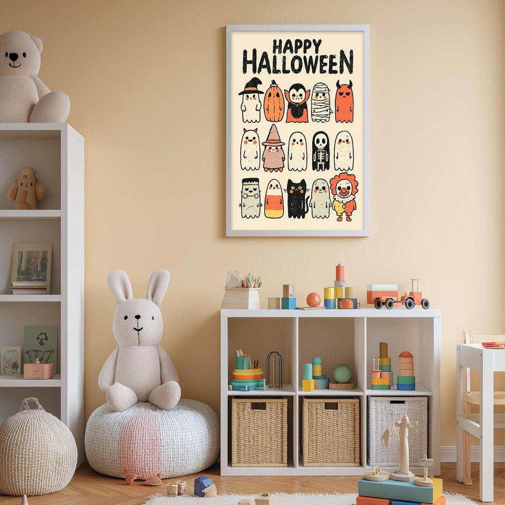 A child's bedroom decorated for Halloween, featuring a large poster of various Halloween-themed characters on the wall, a white bookshelf with toys, and a white bean bag chair.