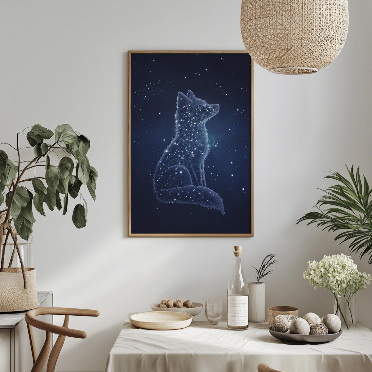 a framed artwork of a fox against a starry night sky, hanging on a wall above a dining table with various decorative items and plants.