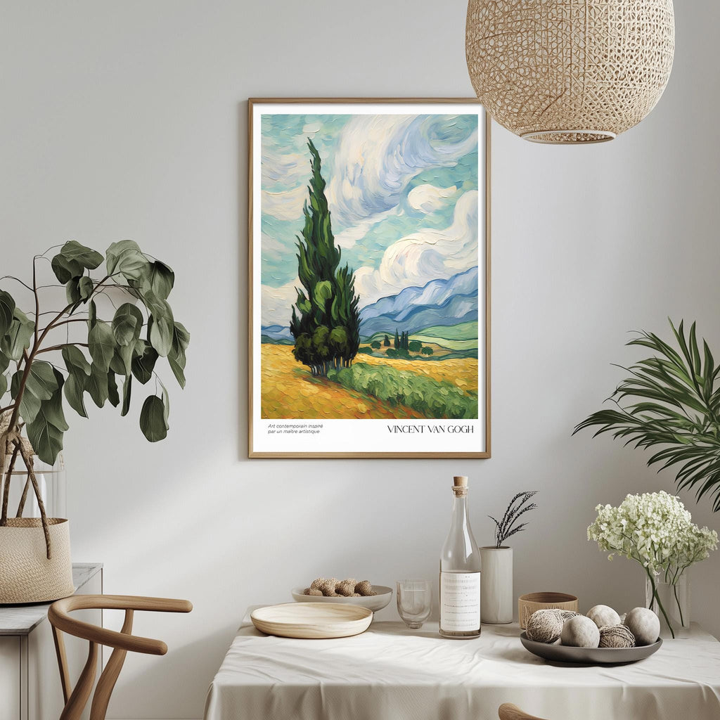 a framed painting of a landscape with a tall tree in the foreground, hanging on a wall above a dining table with various decorative items and plants.