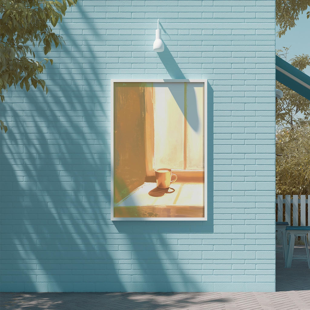 a blue brick wall with a framed picture of a cup of coffee on it, hanging on the wall.