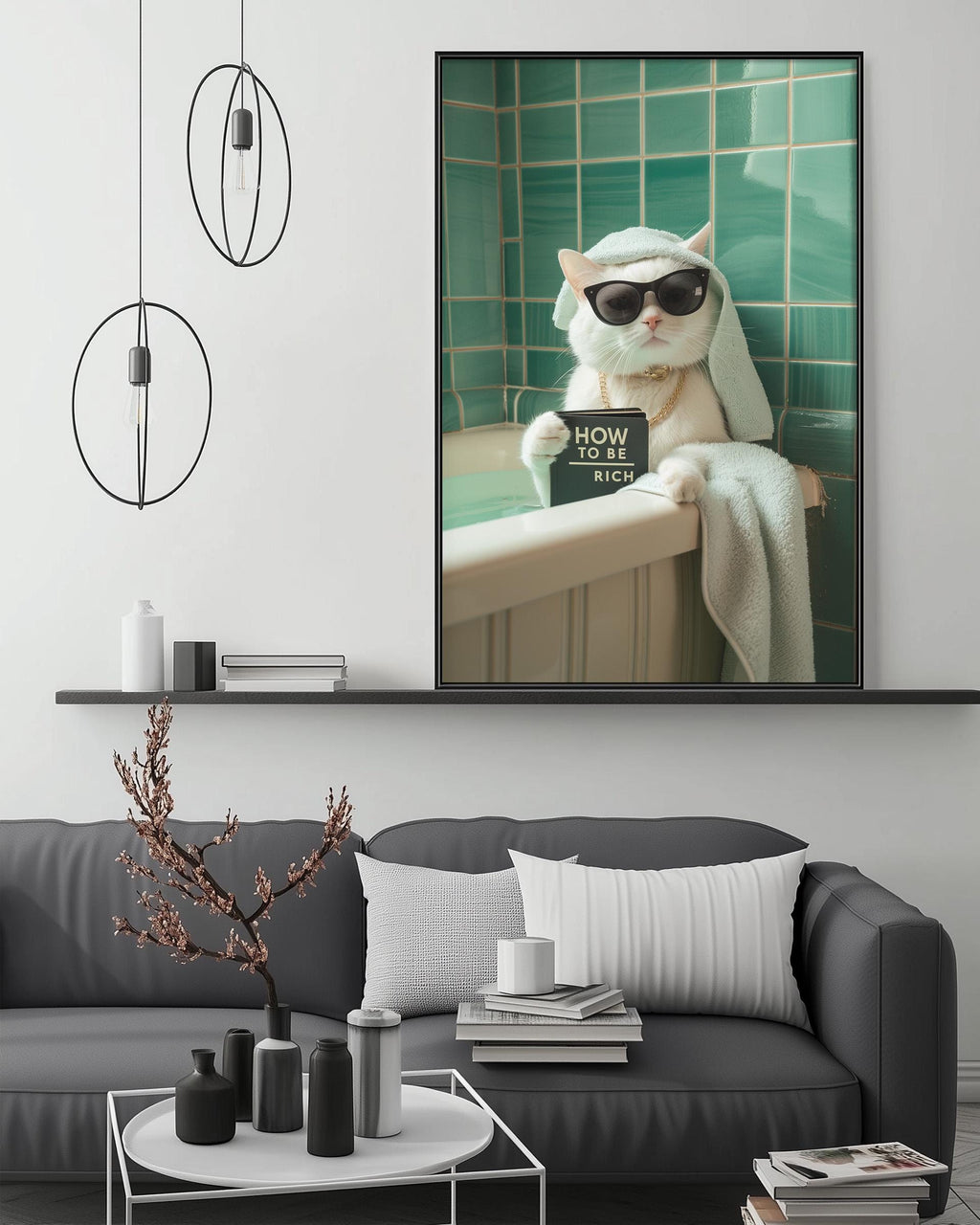 A white cat wearing sunglasses is sitting in a bathtub, with a sign that says "How to die rich" in front of it. The cat is wearing a towel and appears to be enjoying the bath. The scene is set in a modern living room with a gray couch, a coffee table, and a potted plant.