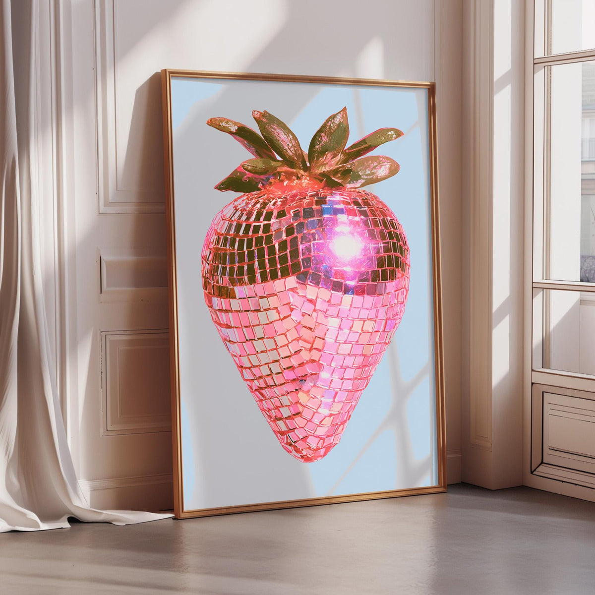 A framed poster featuring a vibrant, colorful image of a strawberry with a disco ball pattern on it.