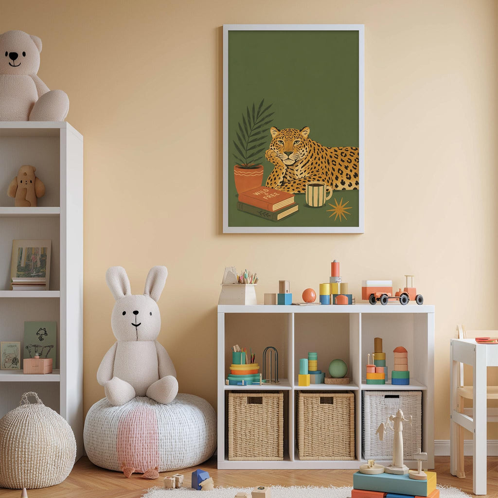 A cozy children's room with a white rabbit sitting on a bean bag chair, surrounded by shelves filled with toys and books, and a framed poster of a leopard on the wall.