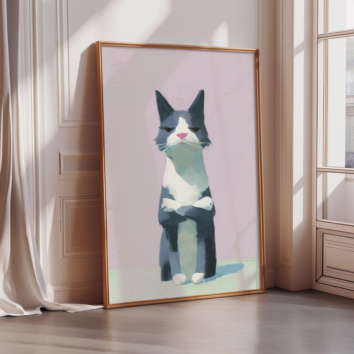 A framed illustration of a cat with a pink nose and blue eyes, sitting on a pink background.