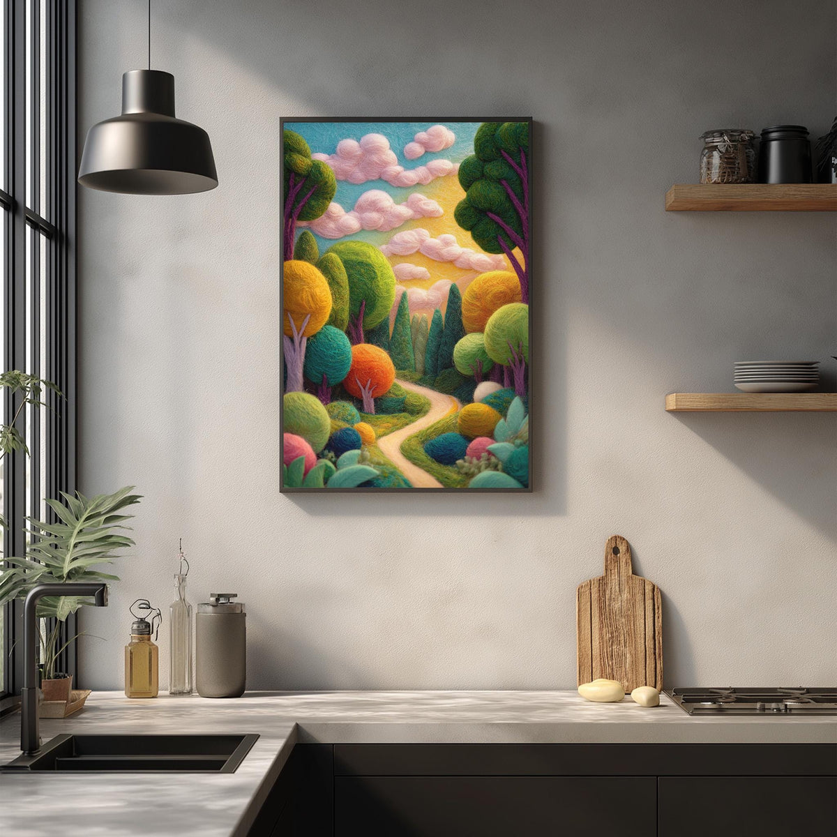 a vibrant, colorful painting of a lush, forested landscape hanging on a wall above a kitchen counter. The painting depicts a winding path surrounded by a variety of trees and foliage, creating a serene and picturesque scene. The kitchen counter below the painting is adorned with various kitchen items, including a cutting board, a knife, and a few bottles.