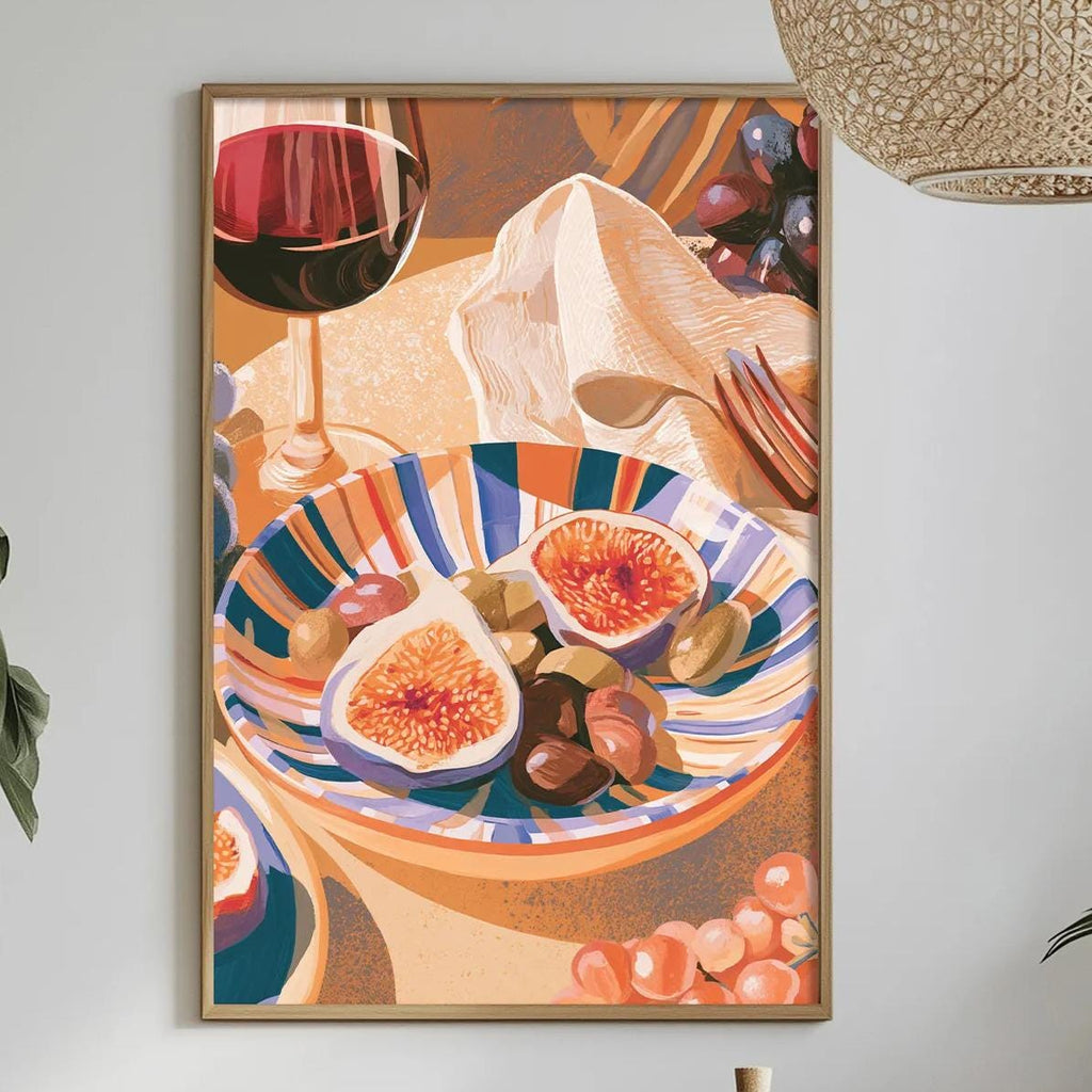 a dining table with a plate of food, a wine glass, and a bottle of wine, surrounded by potted plants and other decorative items.