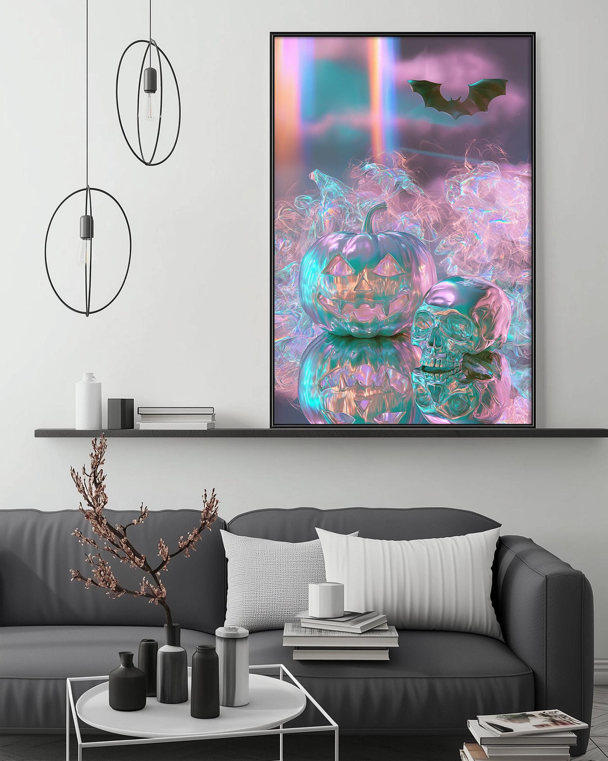 a living room with a gray sofa, a coffee table, and a large framed poster of pumpkins and skulls on the wall.