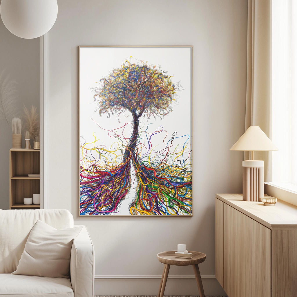 a large, colorful painting of a tree with vibrant, abstract roots and branches hanging from the wall in a living room setting.