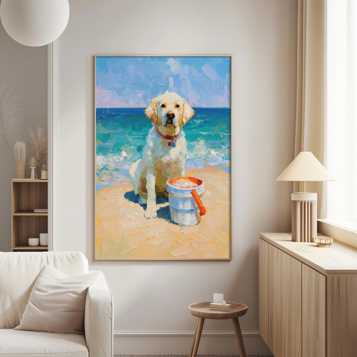 a large painting of a dog sitting on a beach, holding a bucket, with a blue sky and ocean in the background.