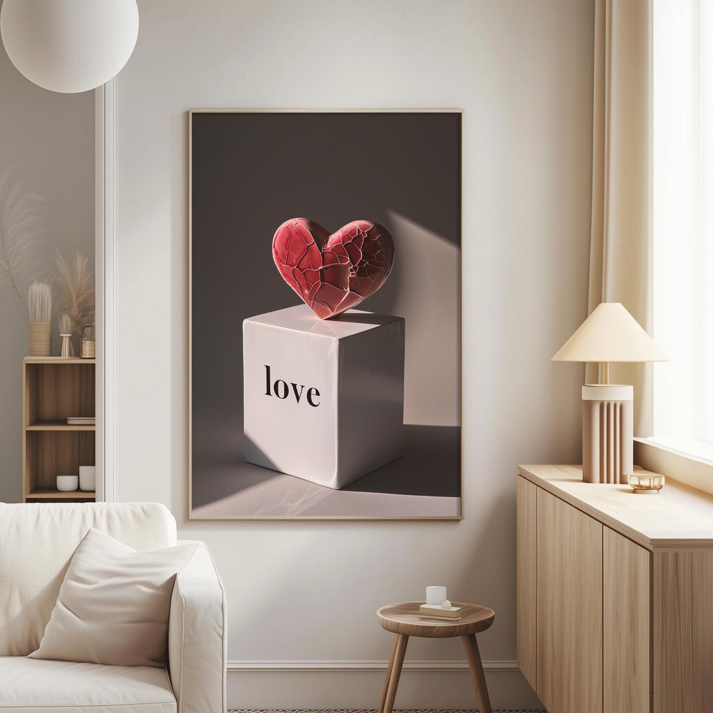 a large white square with a red heart on top of it, hanging on a wall in a living room.