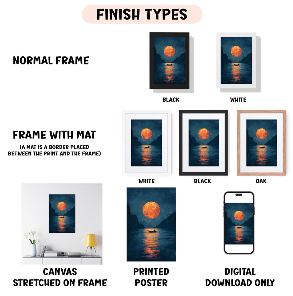various finish types for artwork, including a normal frame, a frame with a mat, a white frame, a black frame, an oak frame, a white canvas stretched on a frame, a printed poster, and a digital download only.