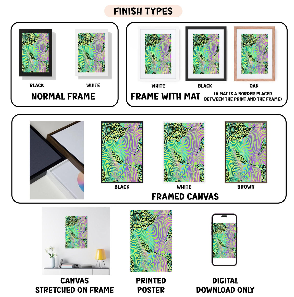various types of artwork, including framed prints, canvas prints, and digital downloads, each with different finishes and frame styles.