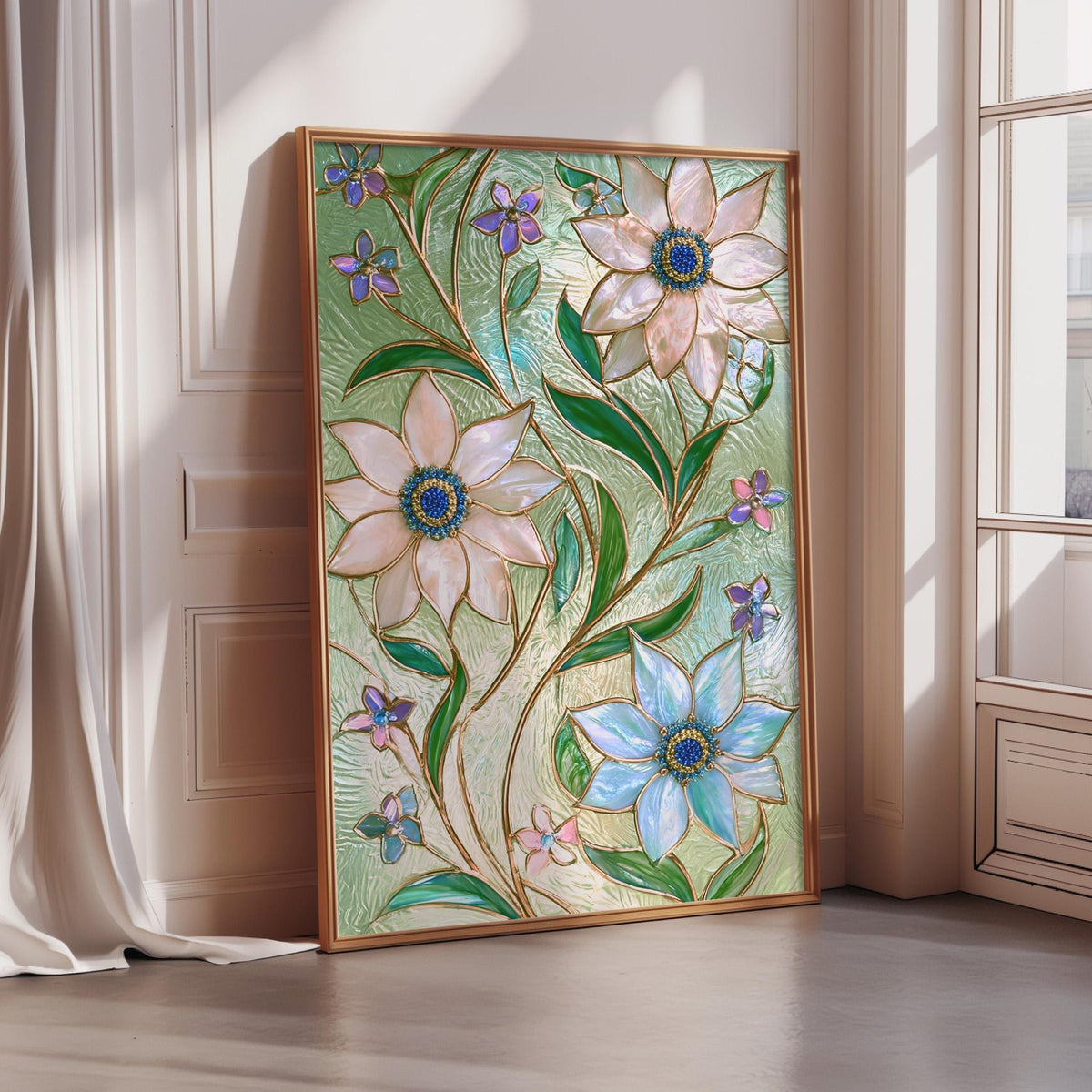 A framed stained glass artwork depicting a vibrant floral design with pink, blue, and purple flowers, along with green leaves and butterflies, is displayed on a wall in a room with a window.