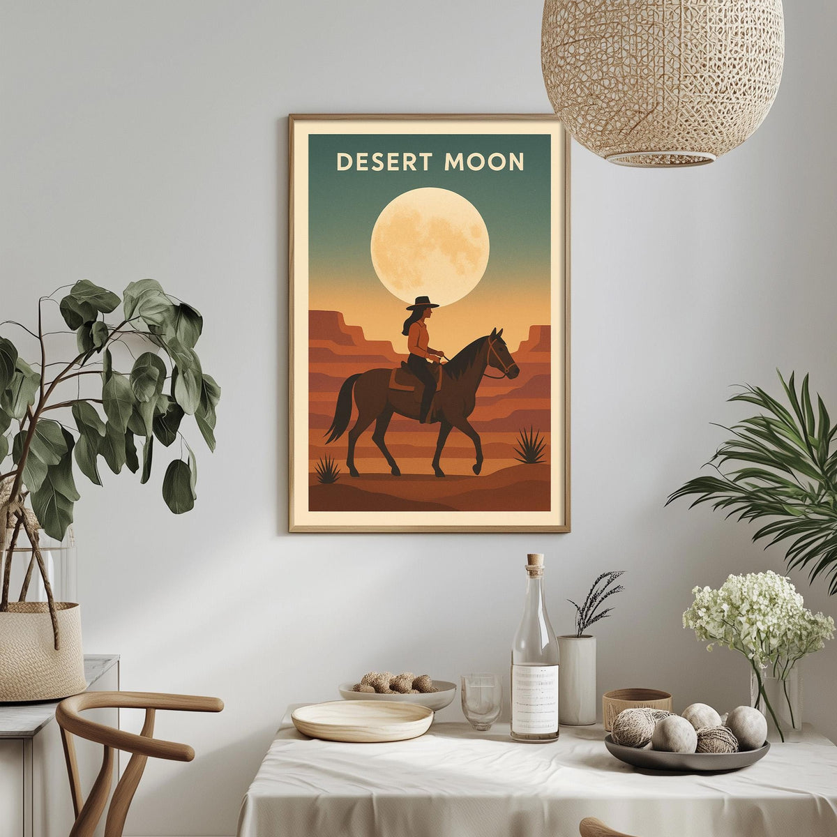 a framed poster of a cowboy riding a horse in a desert landscape, with a large moon in the background. The poster is hanging on a wall above a dining table with various decorative items and plants.