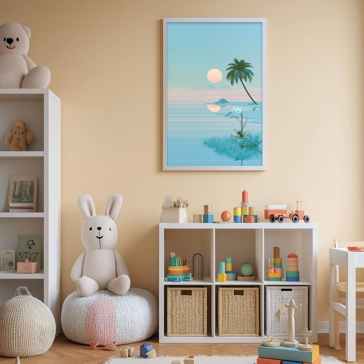 A cozy children's room with a large stuffed bunny, a toy shelf with various toys, and a framed picture of a beach scene on the wall.